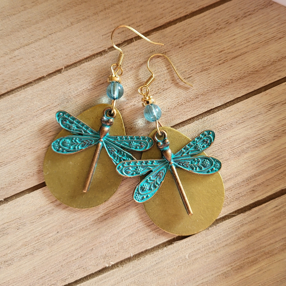 Handmade Dragonfly Earrings – Boho Chic Brass & Turquoise Patina Jewelry